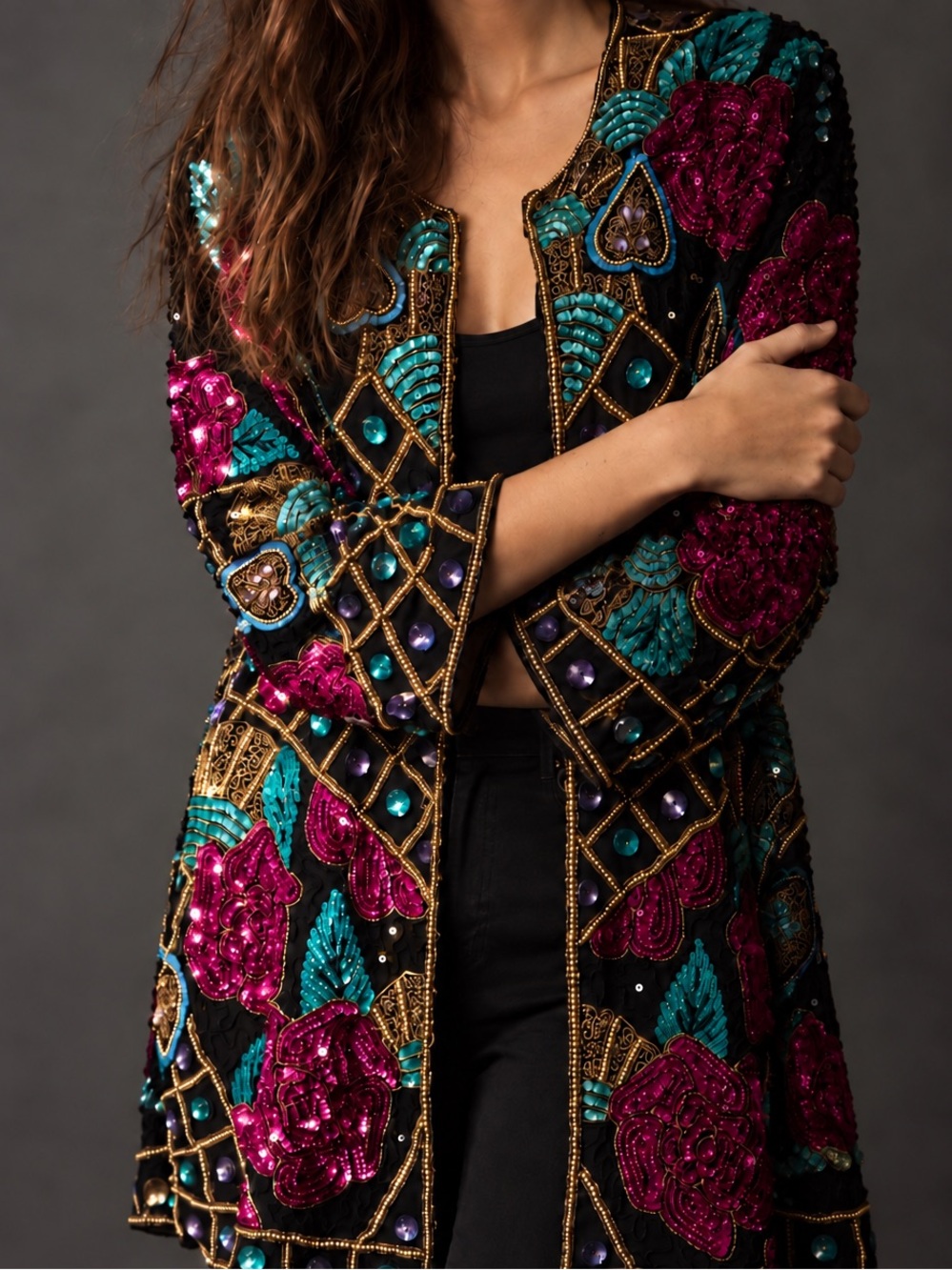 Vintage 100% Silk Sequin beaded Floral Coat Jacket XL